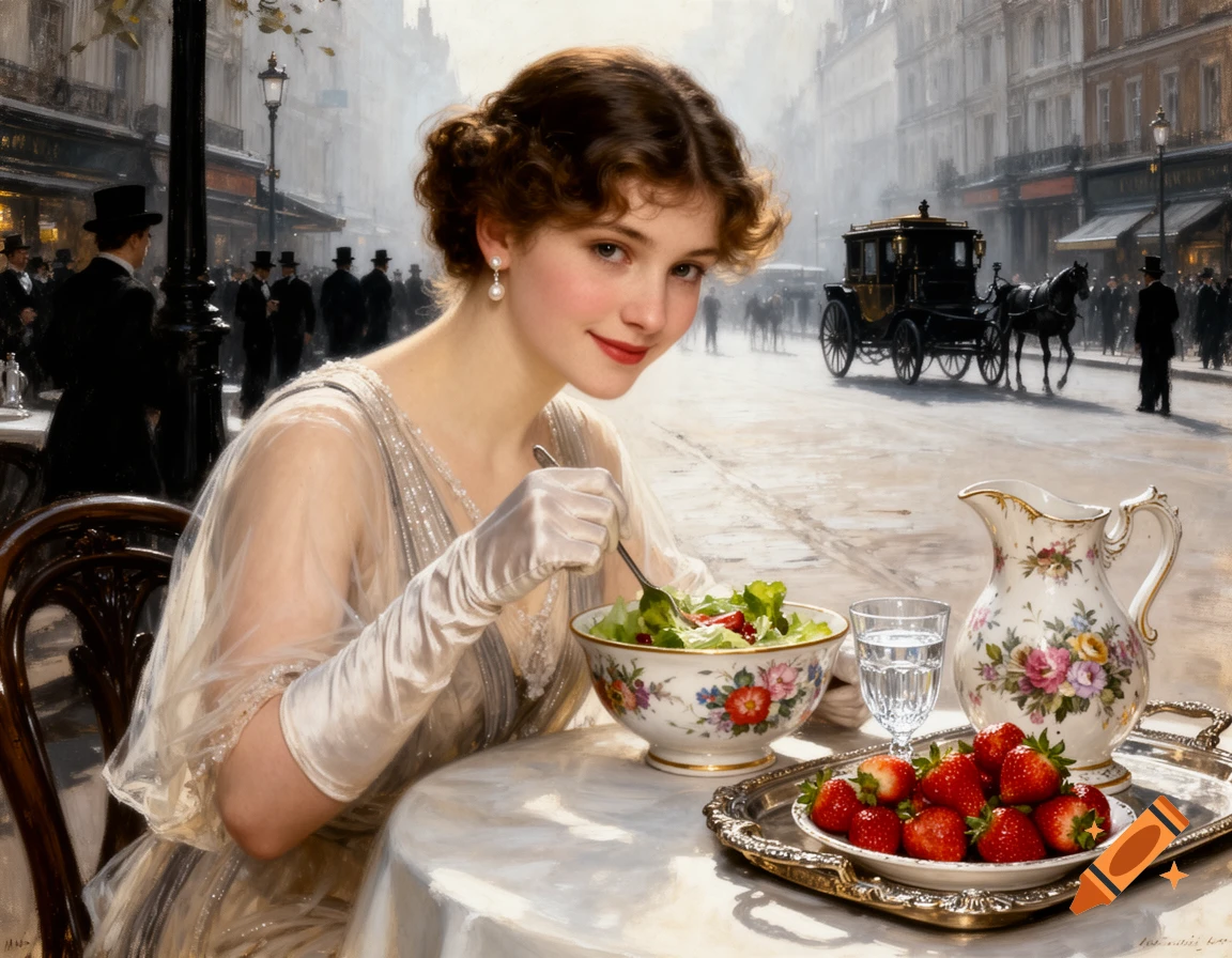 A young woman in 1890s attire eats salad at a cafe table on a bustling London street, in a painterly style.