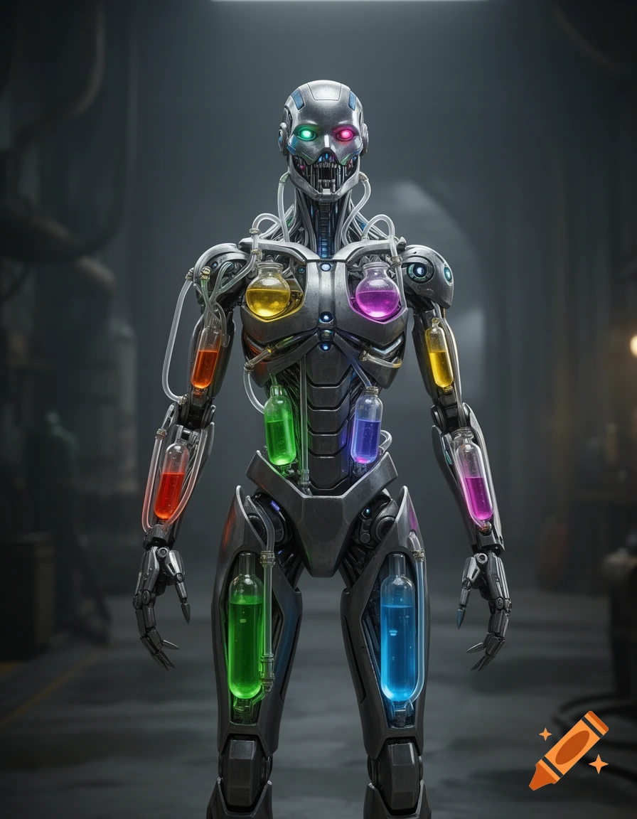 A metallic, androgynous robot with glowing eyes and transparent tubes filled with colorful liquids running through its body, standing in a dark, futuristic setting.
