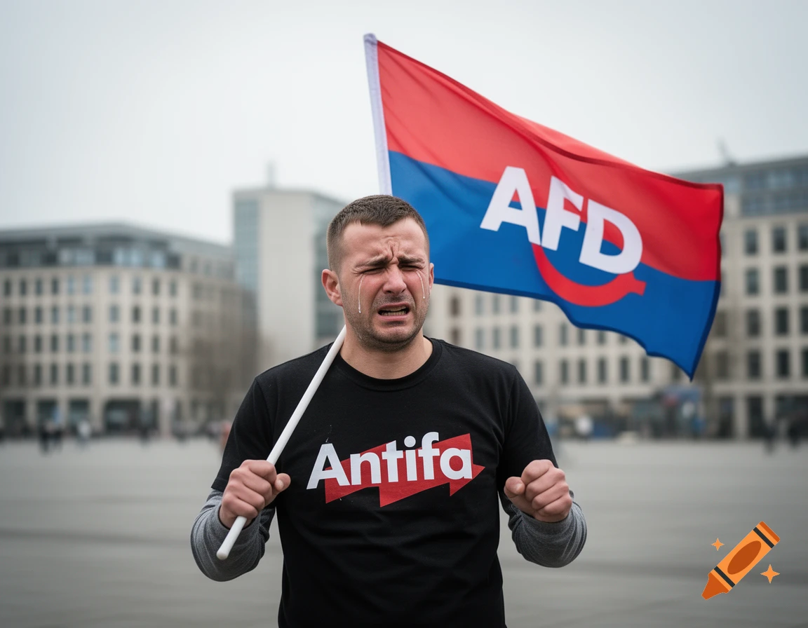 Photorealistic image of a crying man in an Antifa t-shirt holding an AfD flag in an urban square.