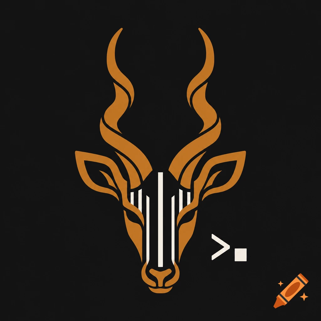 Minimalist vector logo of a brown nyala antelope head with vertical white stripes and a terminal prompt ">." on a black background.