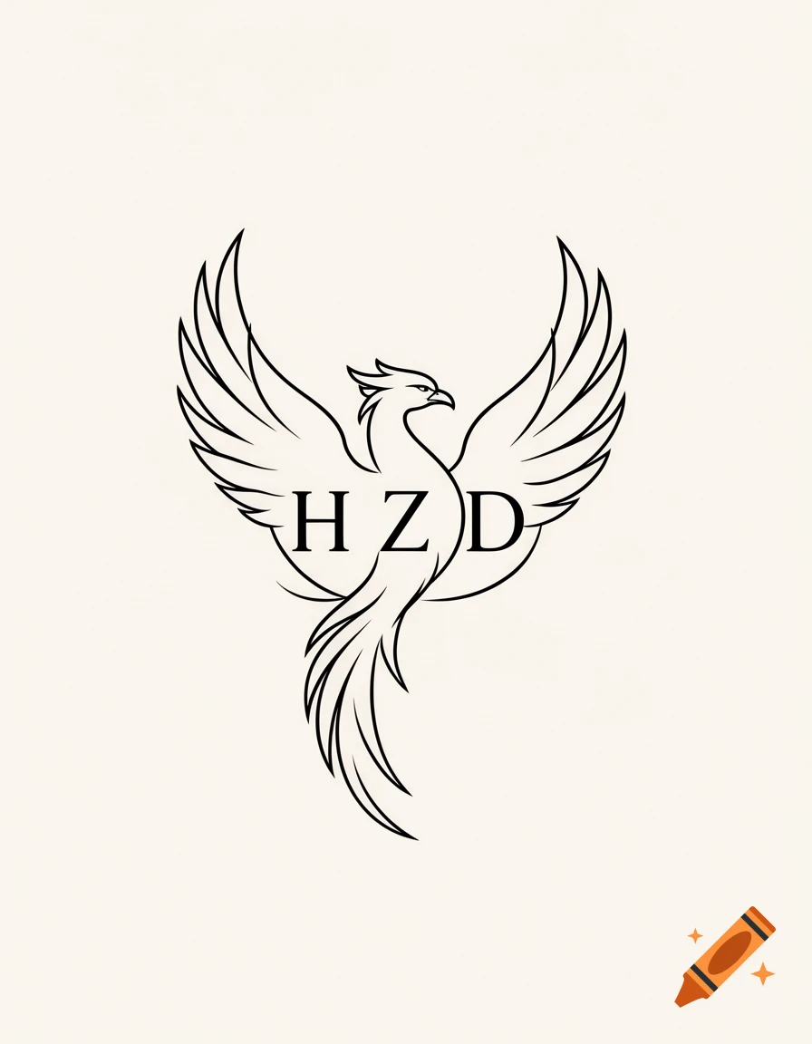 Schematic line art drawing of a phoenix with its wings spread, encircling the capital letters H, Z, and D.