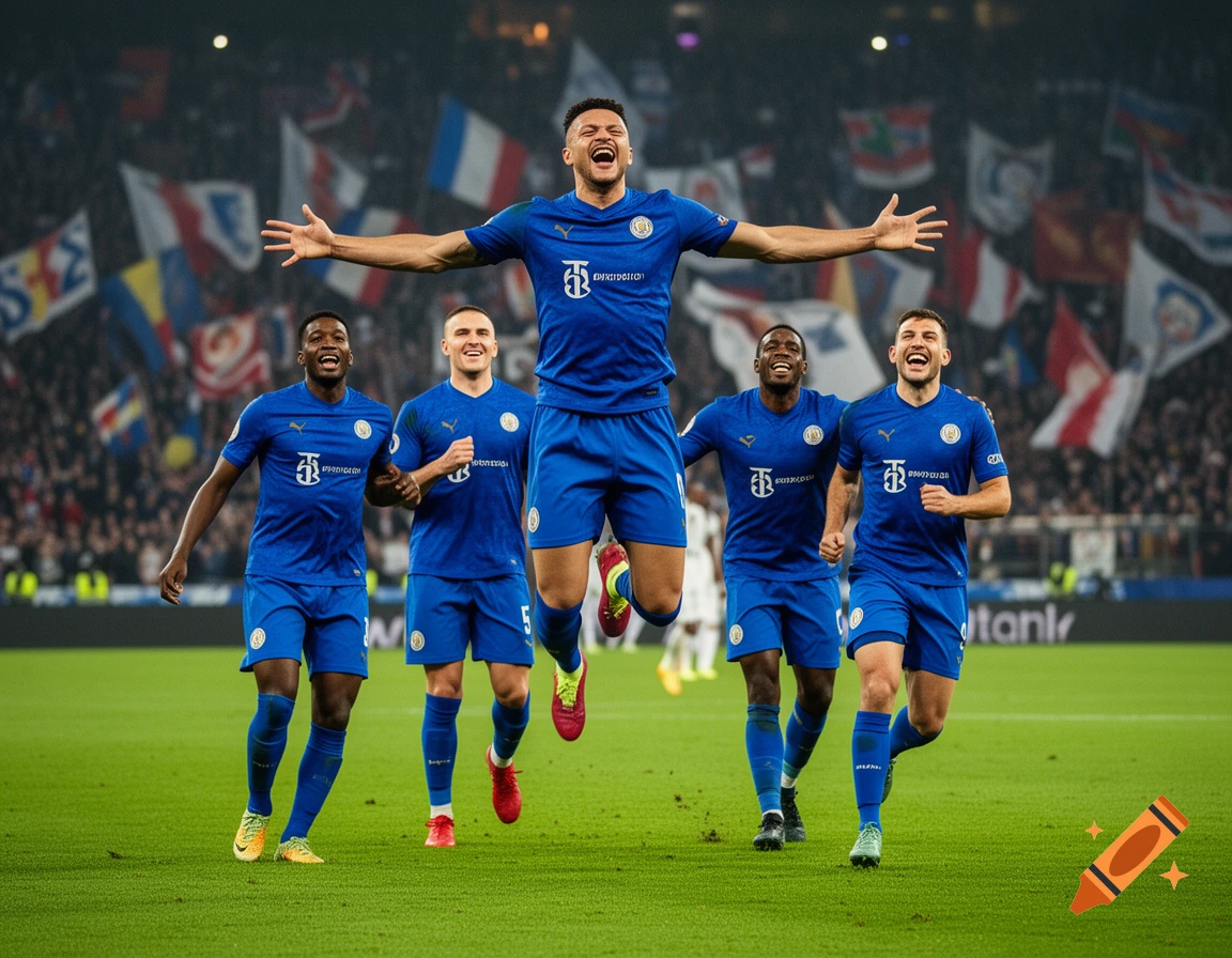 Five soccer players in blue jerseys celebrate on a green field in a stadium full of cheering fans and flags, with one player jumping in the air.