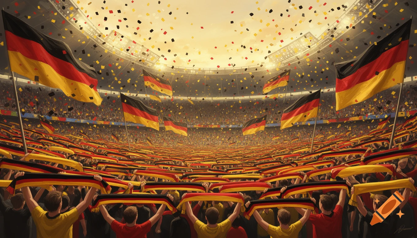 Vibrant illustration of German football fans celebrating in a stadium, waving flags and black-red-gold scarves with confetti falling.
