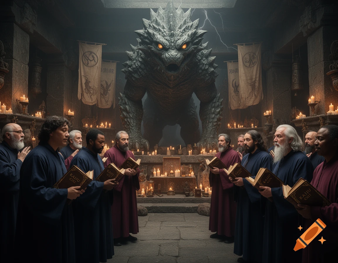 A group of robed cult members hold books reading "KAIJU CULT" while performing a ritual before a giant, horned kaiju statue with glowing eyes in a dark, candlelit stone temple. Photorealistic.