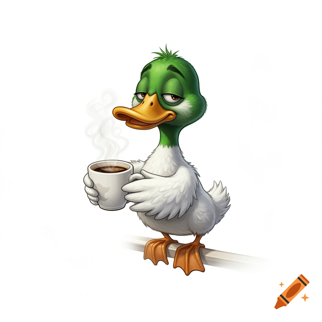 A sleepy cartoon duck with a green head and white body holds a steaming cup of coffee.