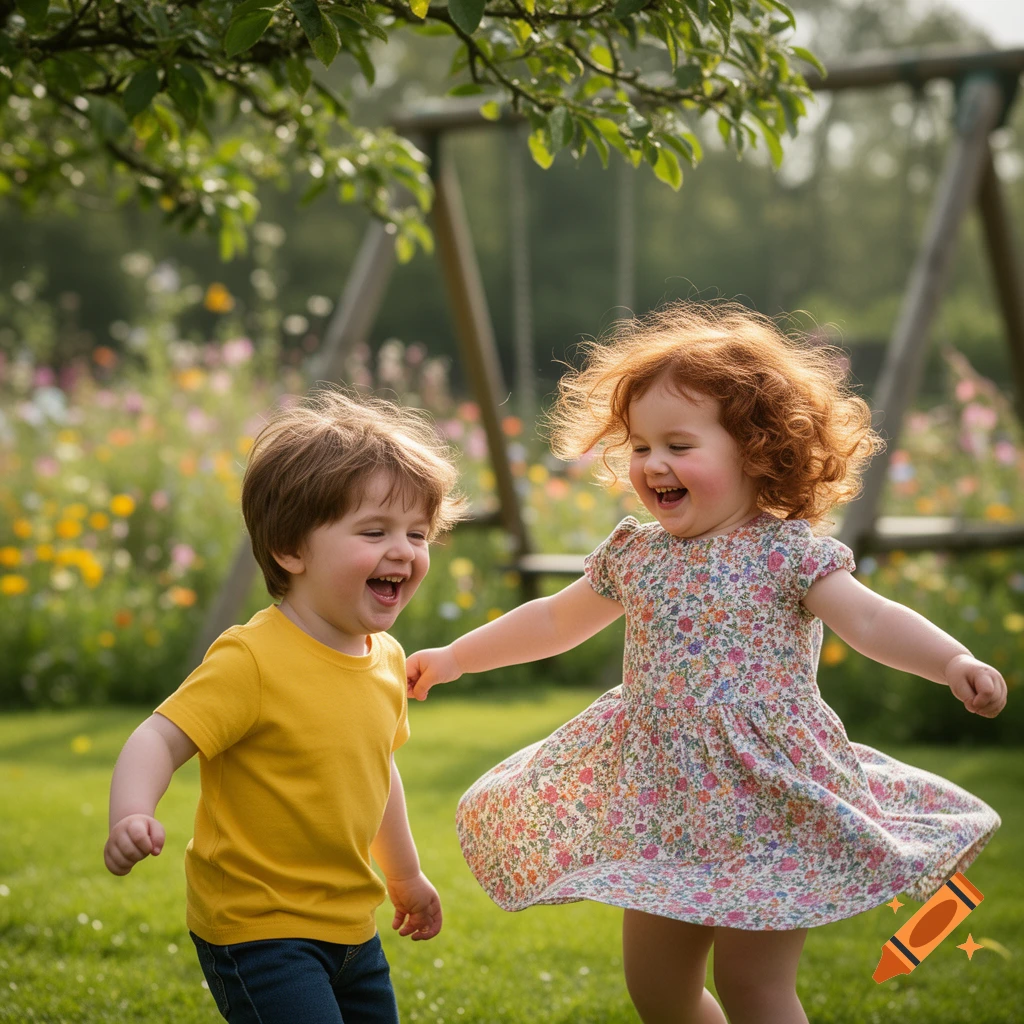 Two laughing young children, a boy in yellow and a girl in a floral dress, play in a sunny garden with flowers.