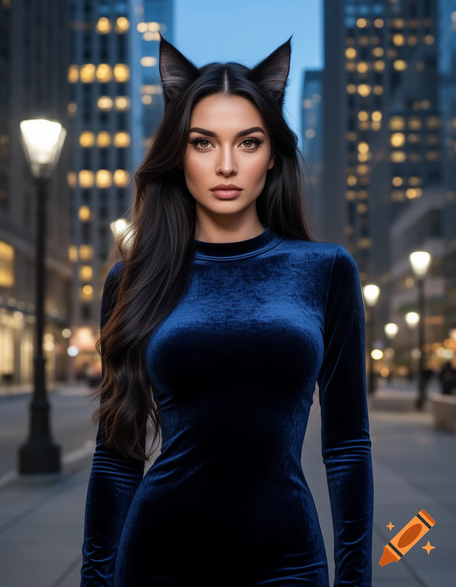 Photorealistic portrait of a woman with dark hair and cat ears in a tight blue velvet dress standing on a city street at night.
