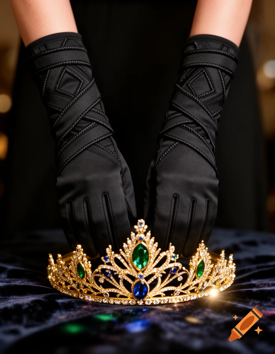 Hands in ornate black gloves placing a golden jeweled crown onto a dark velvet surface.