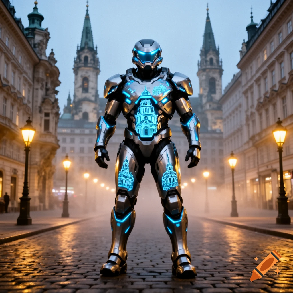 A futuristic silver robot with glowing blue accents and architectural dome patterns stands on a cobblestone street in a historic European city at dusk.