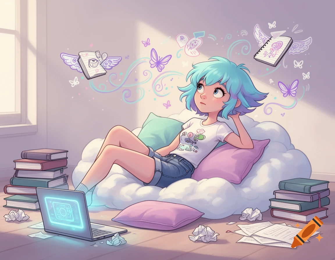 A cartoon girl with blue pixie hair relaxes on a cloud couch, surrounded by books and crumpled papers. She looks up thoughtfully as whimsical butterflies and floating, winged notebooks drift around her. A glowing laptop sits nearby.