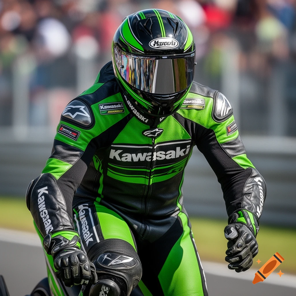 A motorcyclist in a bright green and black Kawasaki racing suit and helmet, ready to race on a track.