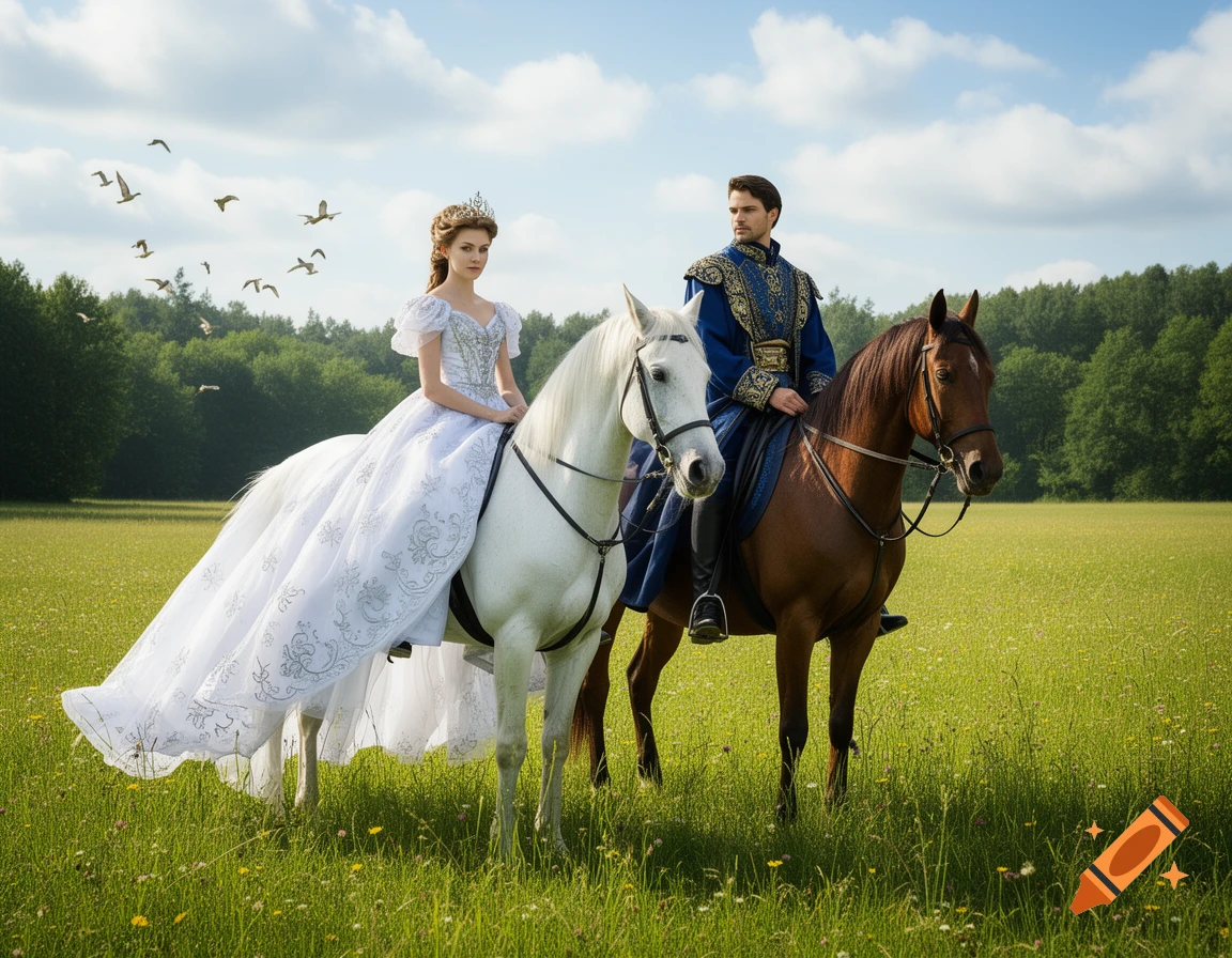A princess in a white gown on a white horse and a prince in blue on a brown horse stand in a green field.