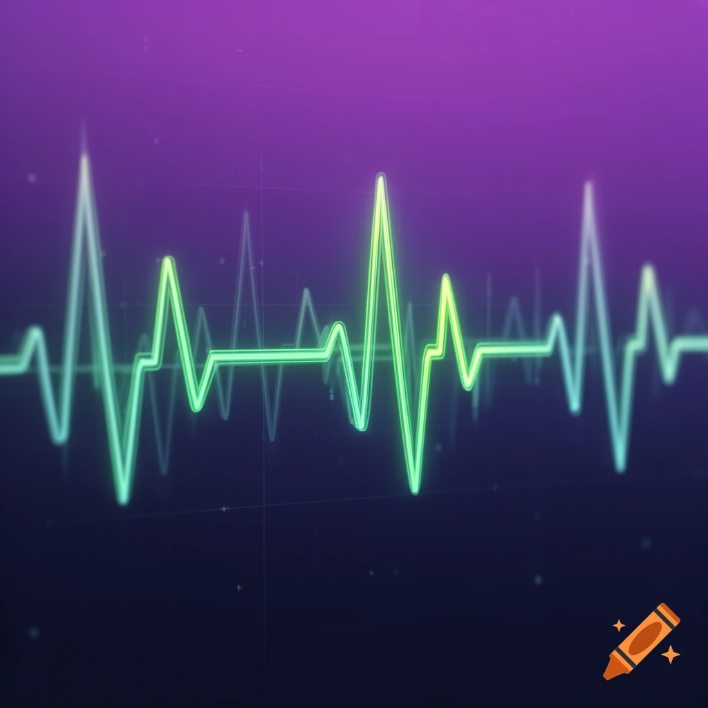 A neon green EKG heart rate waveform pulses across a blurry purple and dark background.