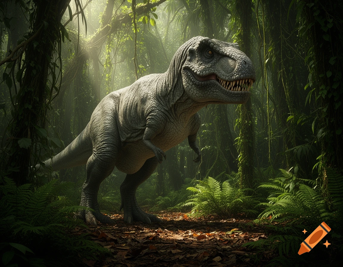 A realistic T-Rex stands in a dense, sunlit jungle with hanging vines and ferns.