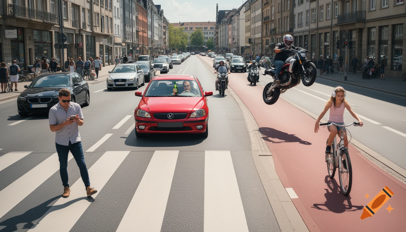 A busy German city street showing a motorcyclist doing a wheelie, a driver drinking beer, a pedestrian staring at a phone, and a girl cycling hands-free.