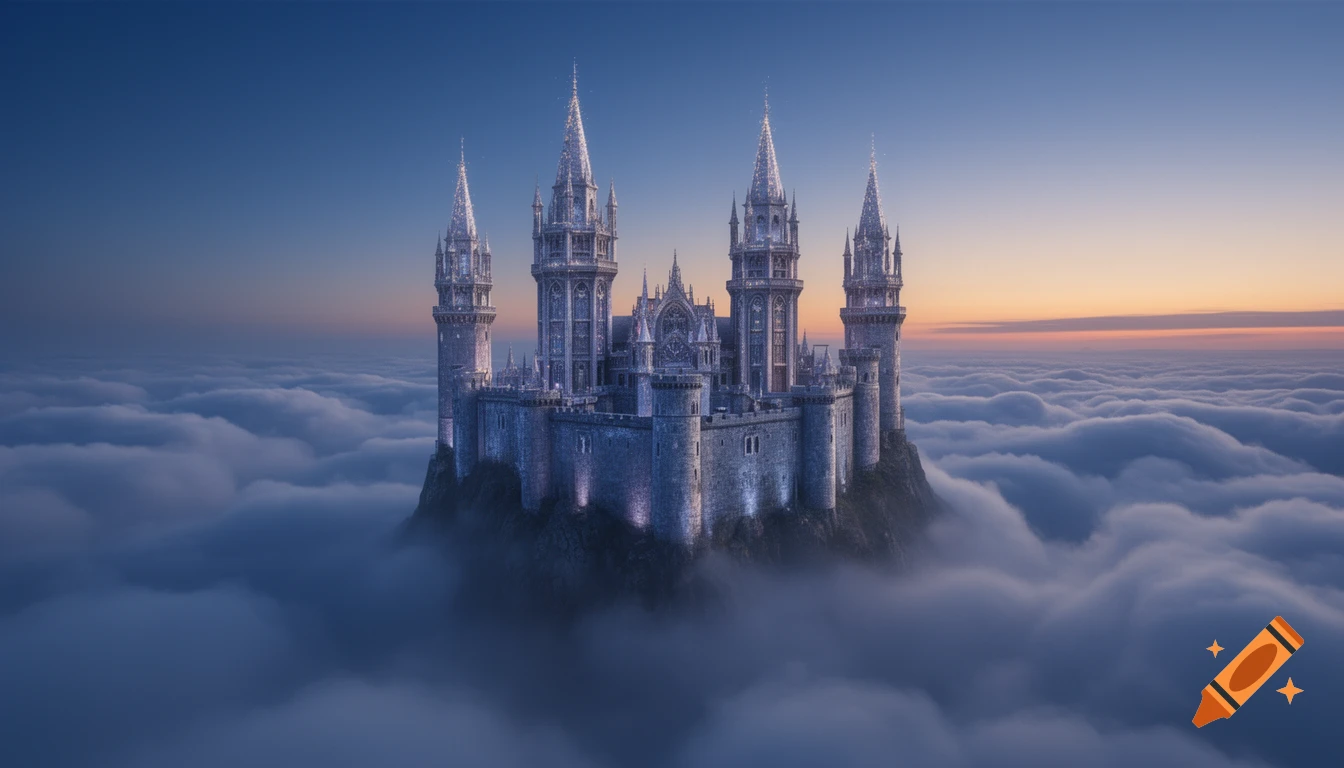 A majestic fantasy castle with multiple spires sits atop a rocky peak, surrounded by a sea of clouds under a twilight sky.