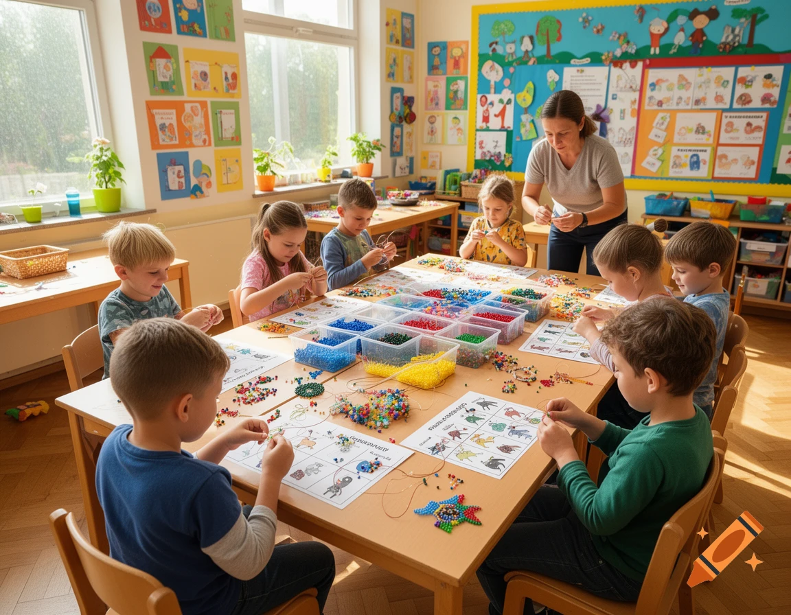 Elementary school children and a female teacher in a brightly lit classroom are crafting bead animals at a wooden table, surrounded by colorful beads.