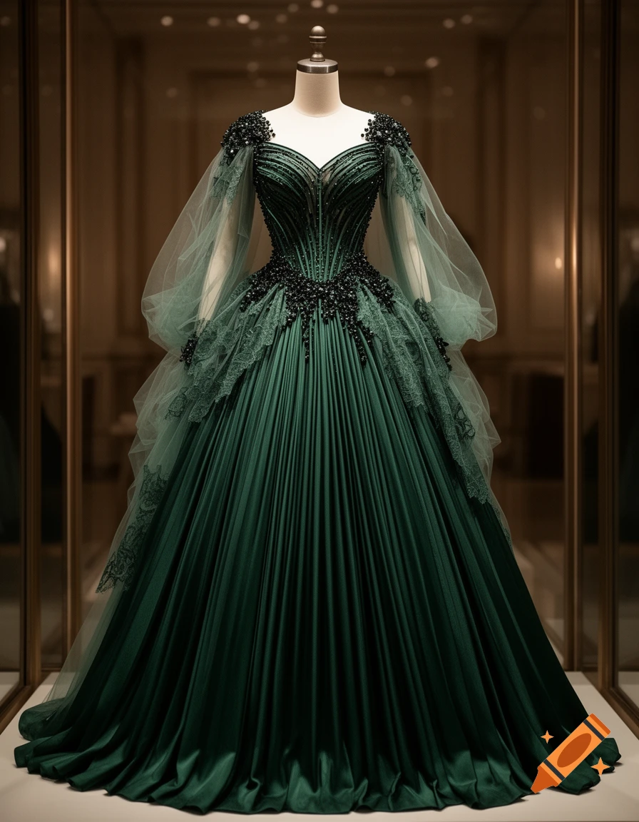 A dark green ballgown with a pleated silk skirt, boned corset bodice, and sheer tulle sleeves adorned with black beads, displayed on a mannequin.