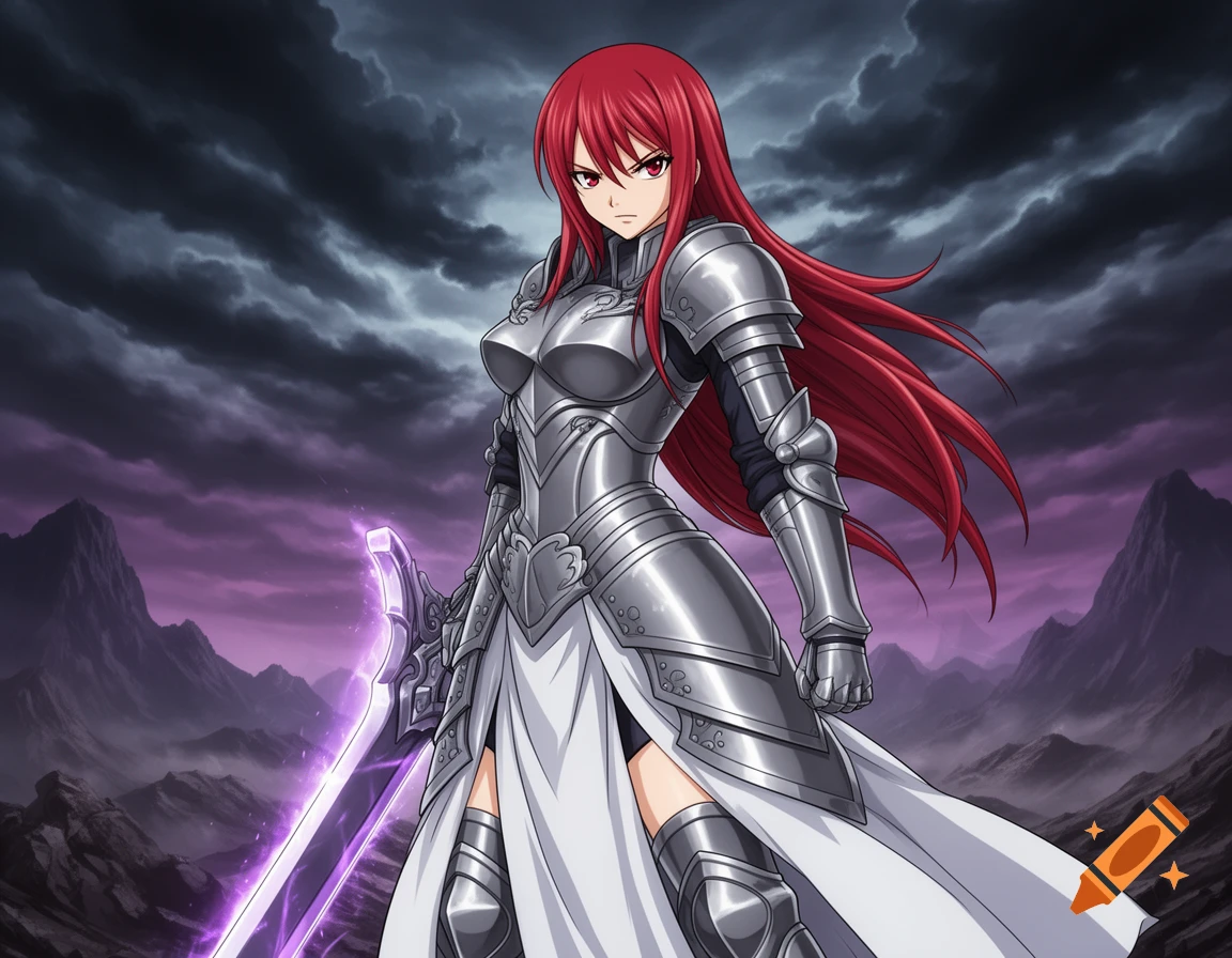 An anime woman with long red hair, wearing detailed silver armor and a white skirt, holds a glowing purple sword. She stands in a rocky, mountainous landscape under a dark, cloudy sky.