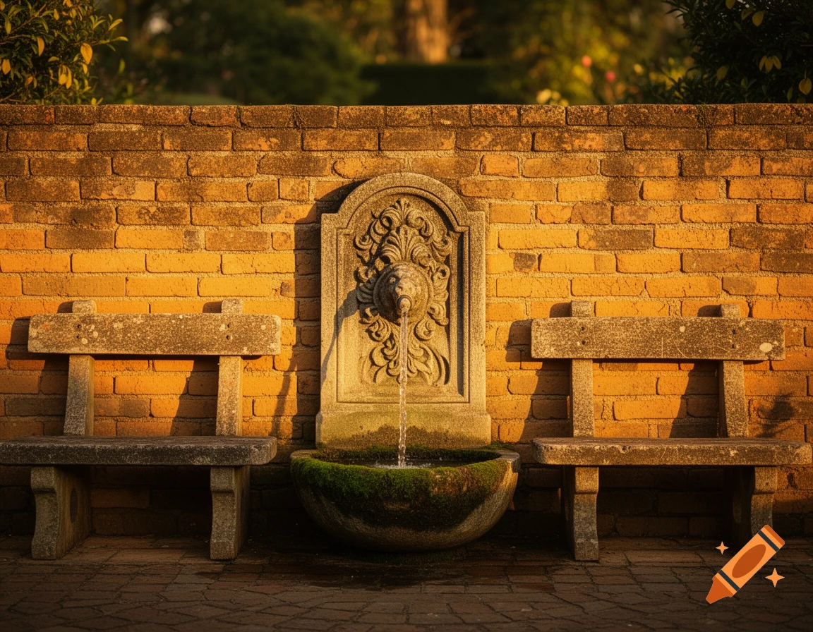 A sunlit stone fountain with water flowing, flanked by two rustic stone benches against a brick wall.
