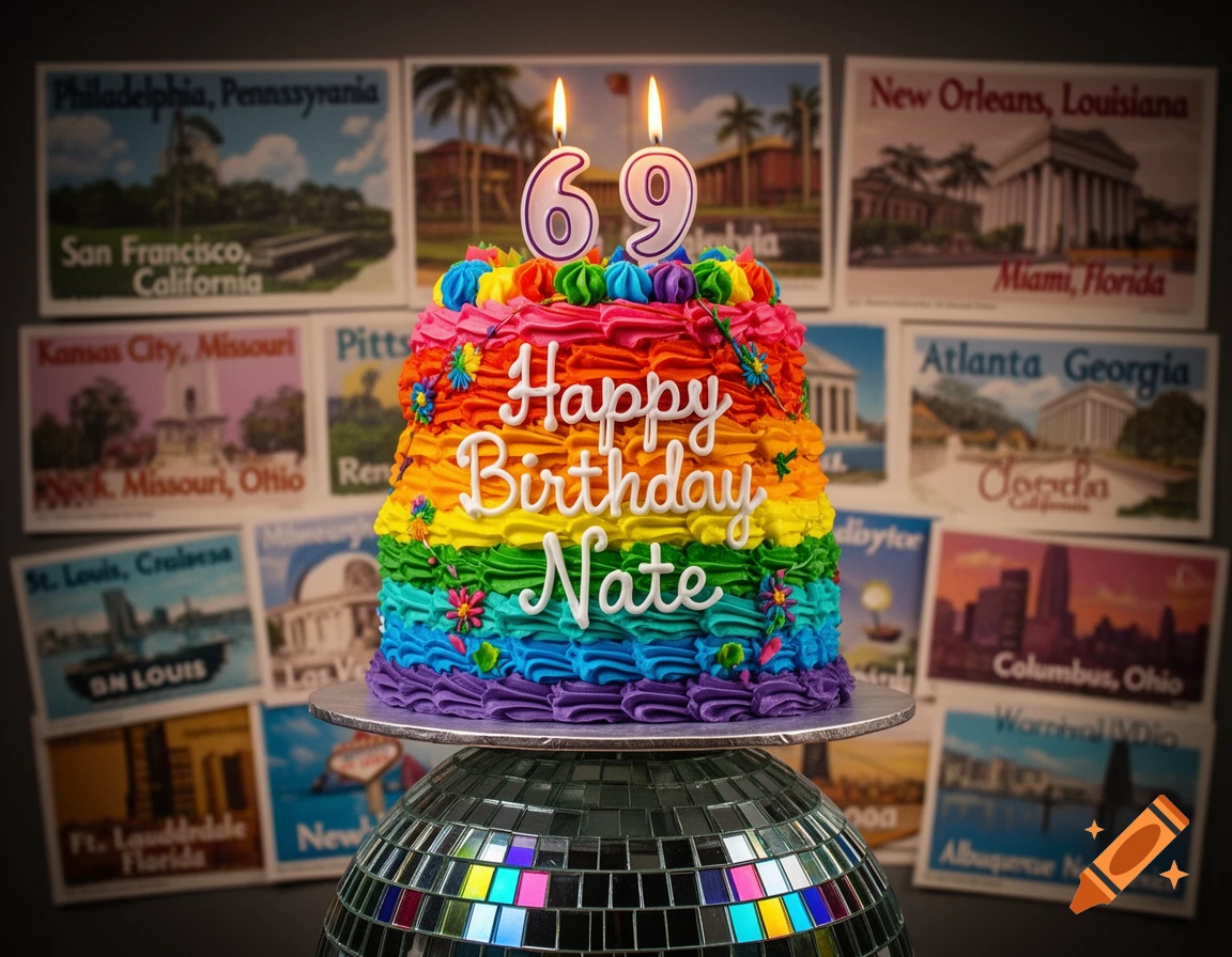 A vibrant rainbow-colored birthday cake with lit '69' candles and 'Happy Birthday Nate' frosting, sits on a disco ball pedestal. Vintage-style postcards of US cities form the blurred background.