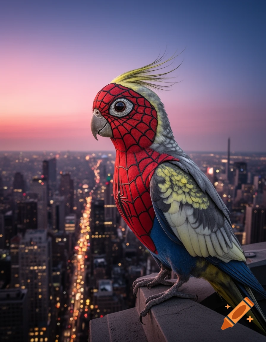 A cockatiel in a red and blue Spider-Man suit perches on a skyscraper ledge, overlooking a vibrant city at sunset.