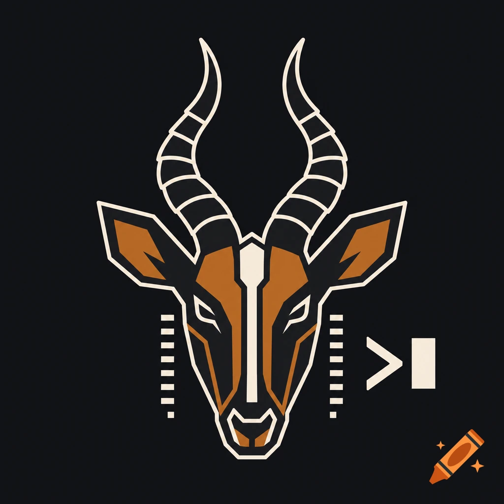 A minimalist, geometric vector logo of a nyala antelope head in brown, black, and off-white against a dark background, with terminal symbols ">" and "I" to the right.