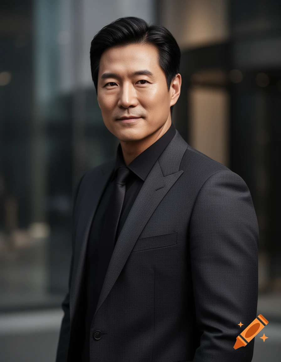 Photorealistic portrait of a Korean man in a dark suit, looking directly at the viewer.