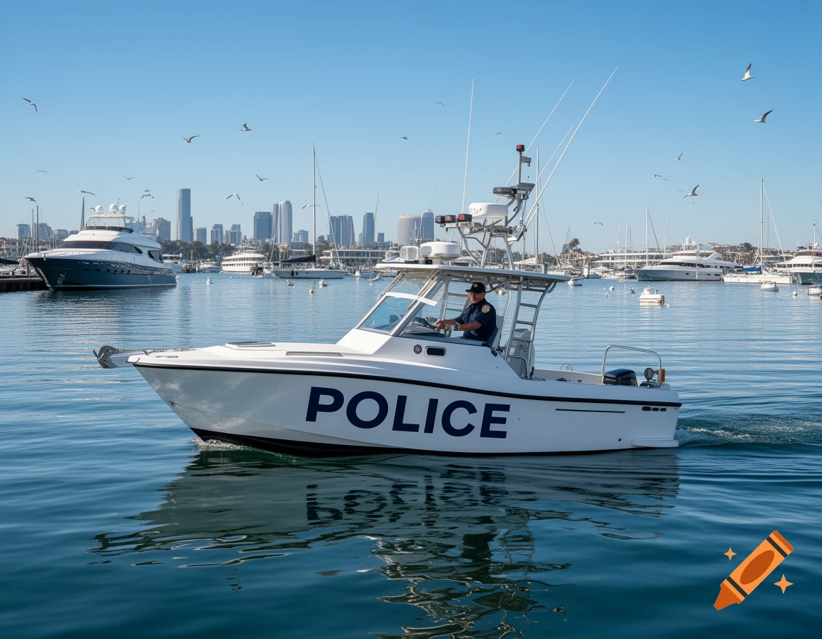 A police boat with an officer drives through a sunny marina with yachts and a city skyline in the background.