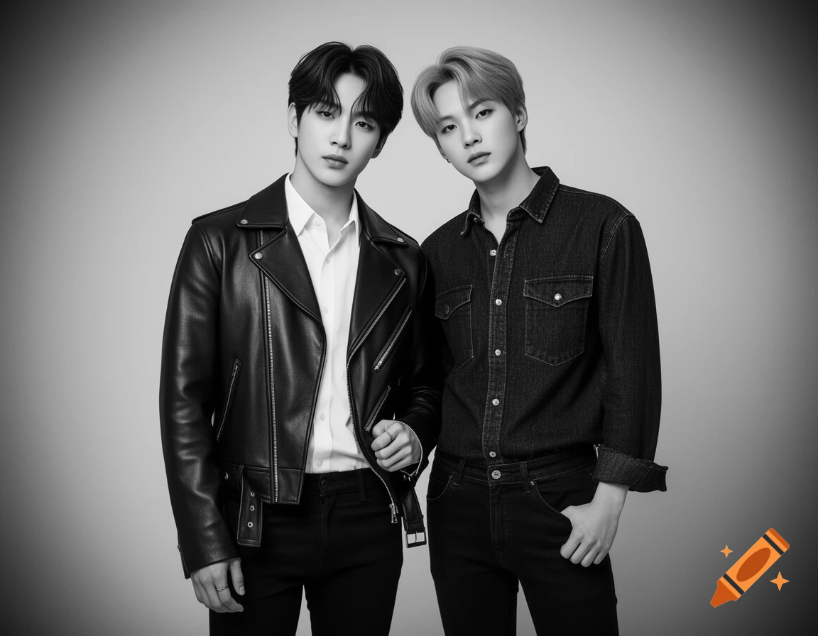 Black and white portrait of two young men, one in a leather jacket and white shirt, the other in a denim shirt, standing against a plain background.