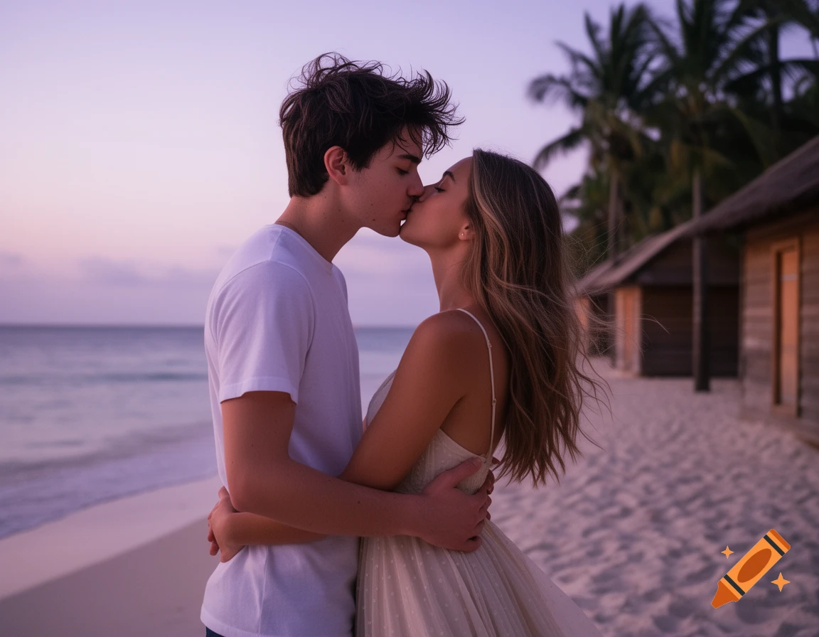 A young couple kisses on a tropical beach at sunset. Palm trees and bungalows are in the background. Photorealistic.
