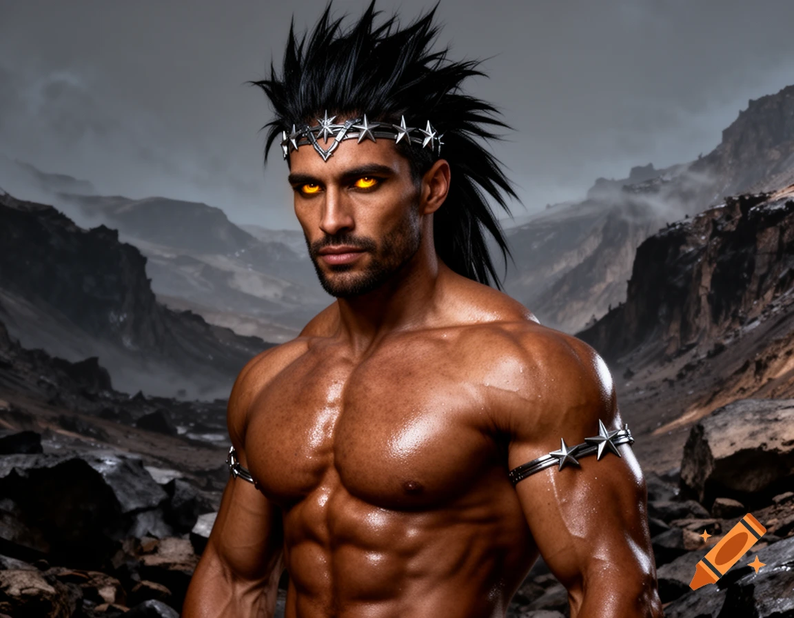 Muscular man with spiky black hair, fiery yellow eyes, a star-studded crown, and armbands in a desolate rocky landscape.