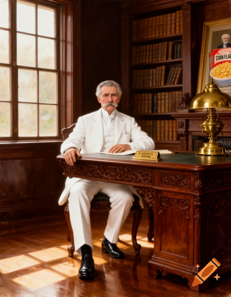 A distinguished man resembling John Harvey Kellogg, in a white suit, sits at a grand wooden desk in a richly paneled study, with a Corn Flakes box on a nearby shelf.