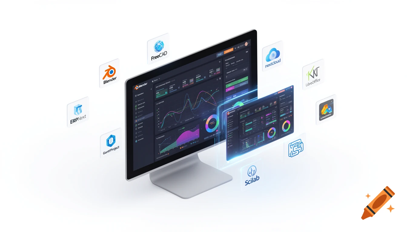 Isometric view of a computer monitor displaying a data dashboard, surrounded by floating 3D software logo icons like Blender, FreeCAD, and Nextcloud.