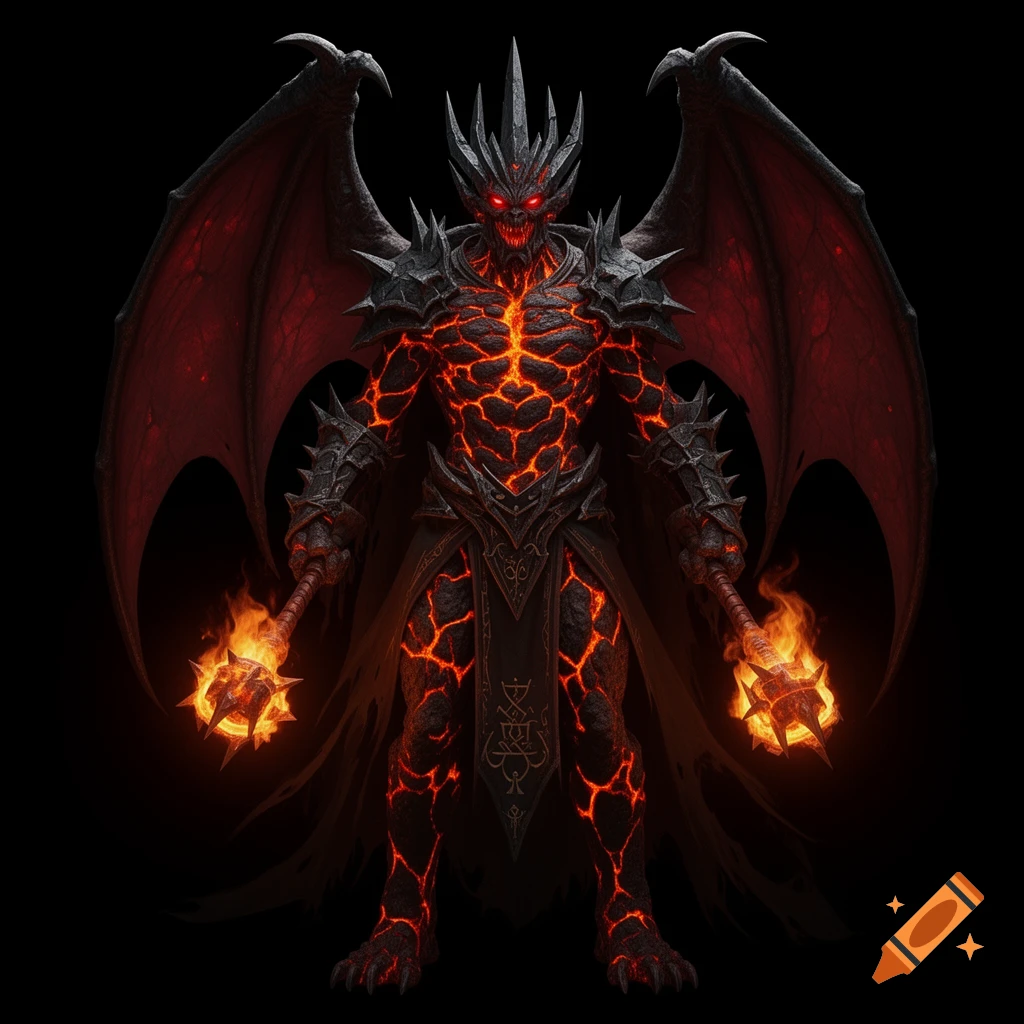 A dark fantasy winged demon boss with glowing red cracks, dark armor, and fiery maces against a black background.