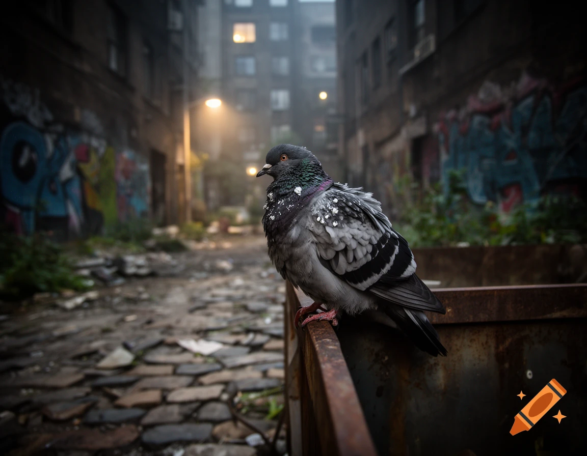 A scruffy pigeon sits on a rusty dumpster in a dark, graffiti-covered urban alleyway, illuminated by a street lamp.