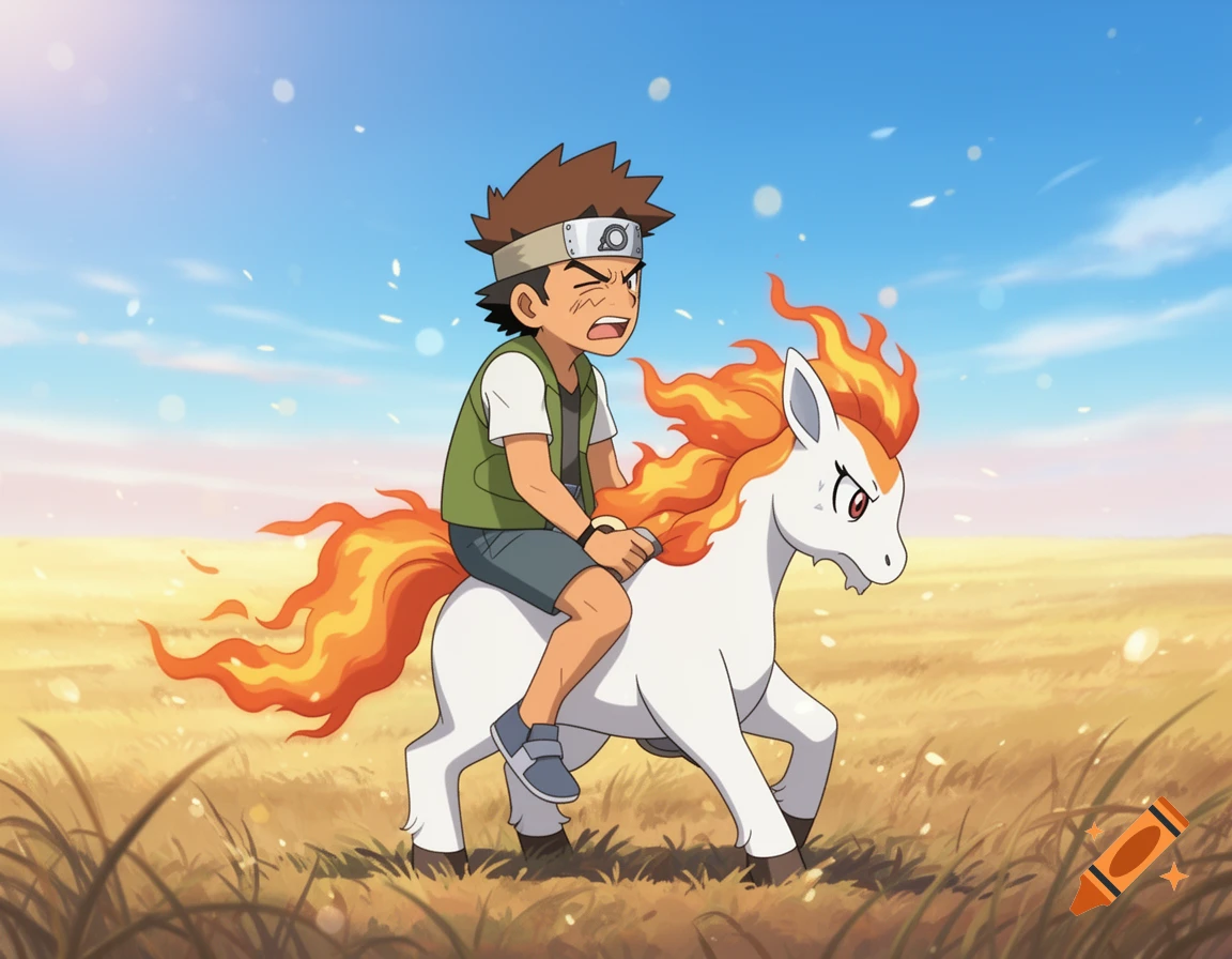 Anime depiction of Brock from Pokemon riding a struggling Ponyta across a grassy field under a blue sky.