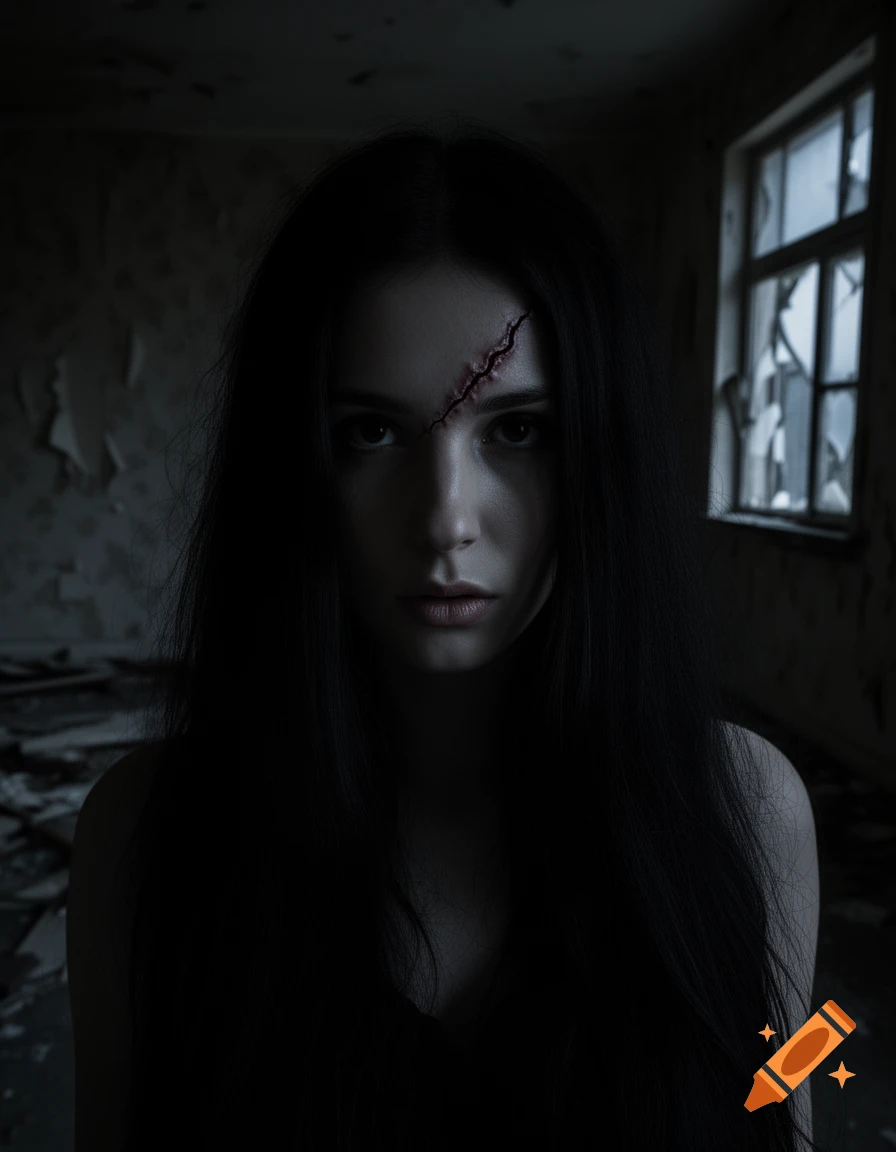 A young woman with a stitched scar on her forehead stands in a dark, dilapidated room, staring intensely.