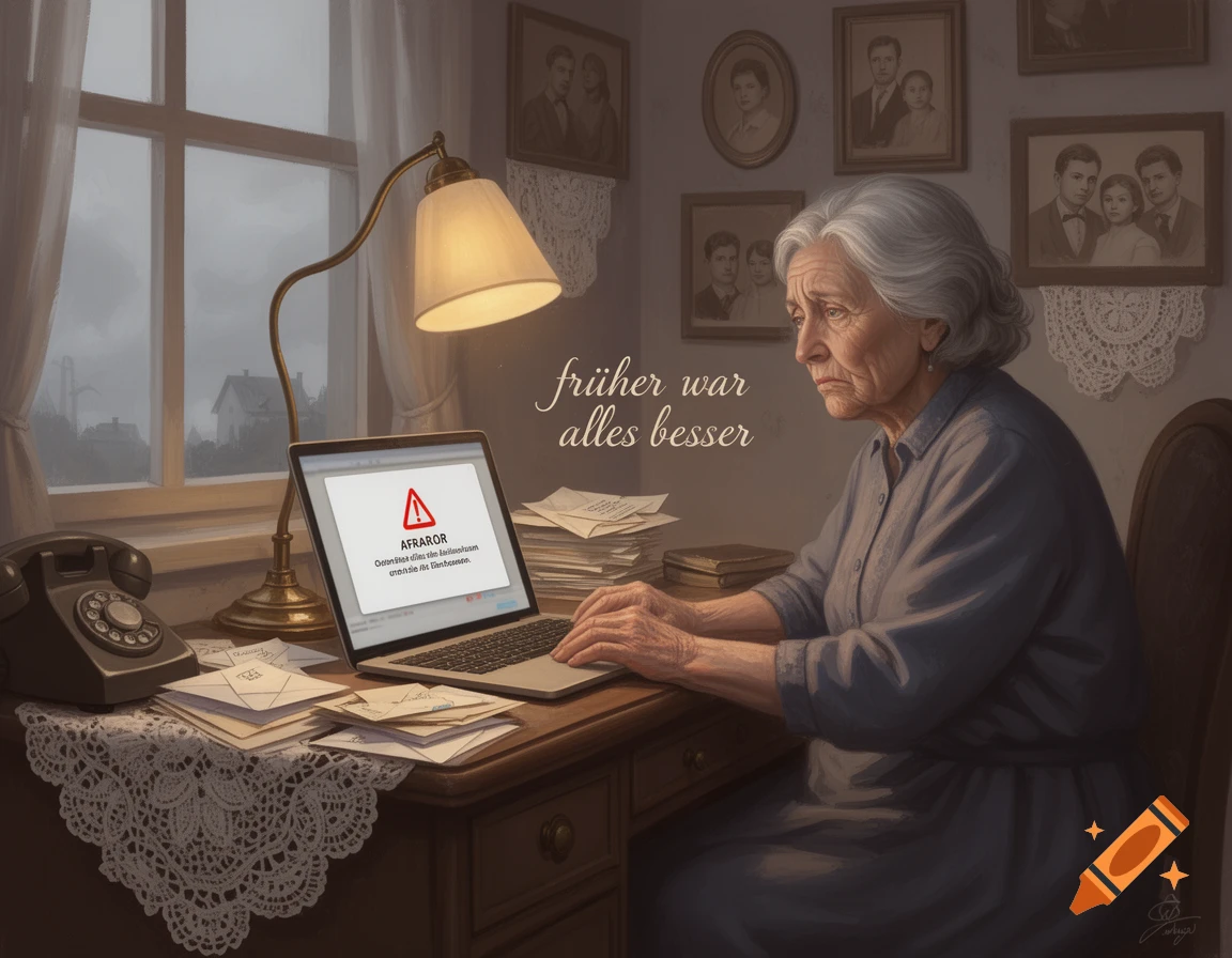 An elderly woman with white hair sits at a desk, looking frustrated at a laptop displaying an error. The text 'früher war alles besser' floats beside her, suggesting nostalgia for simpler times. An old telephone and framed photos are visible in the classic, warm-lit room.