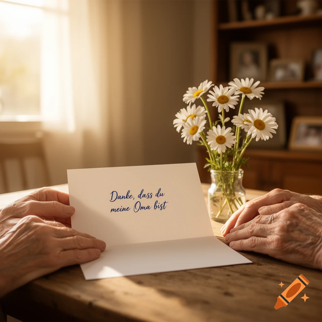 Close-up of hands holding a greeting card that says 'Danke, dass du meine Oma bist' next to a vase of daisies in warm sunlight. Photorealistic.