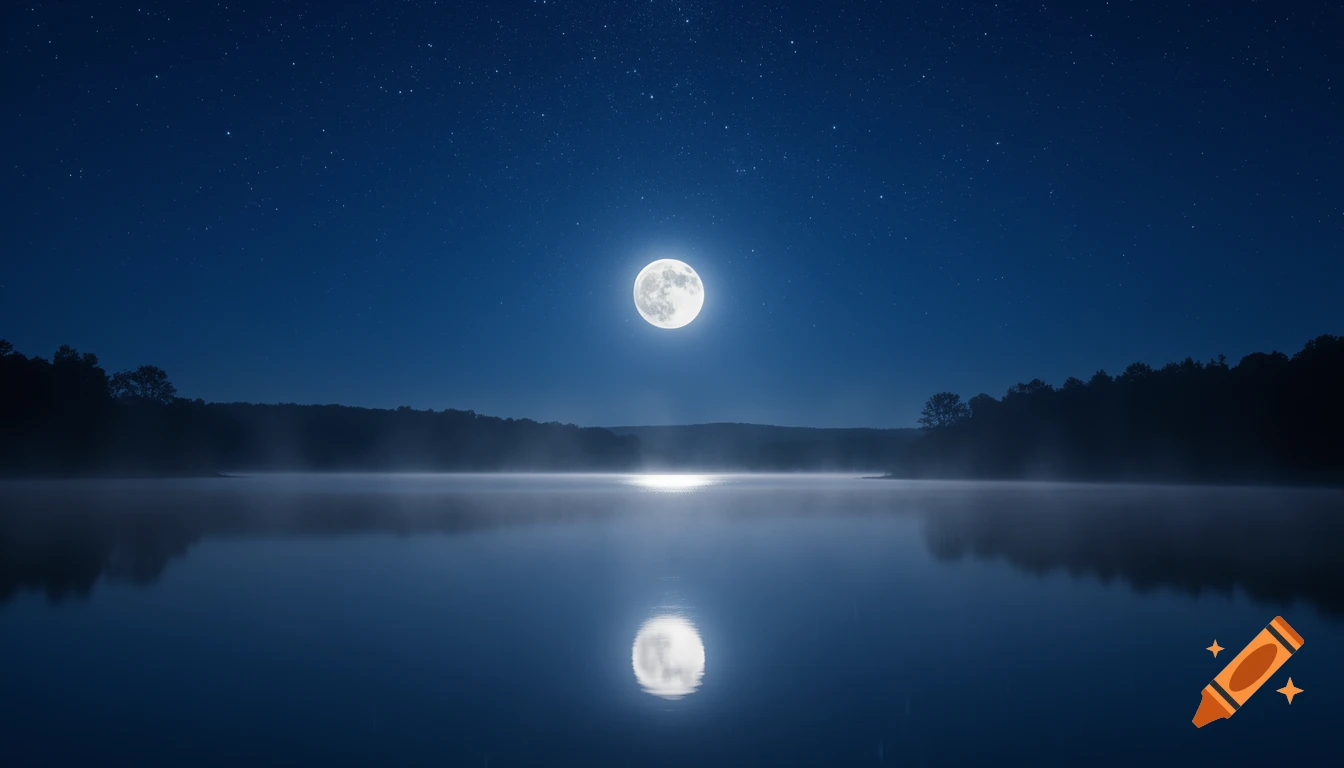 A serene night landscape with a bright full moon reflecting on a calm, misty lake under a star-filled, deep blue sky.