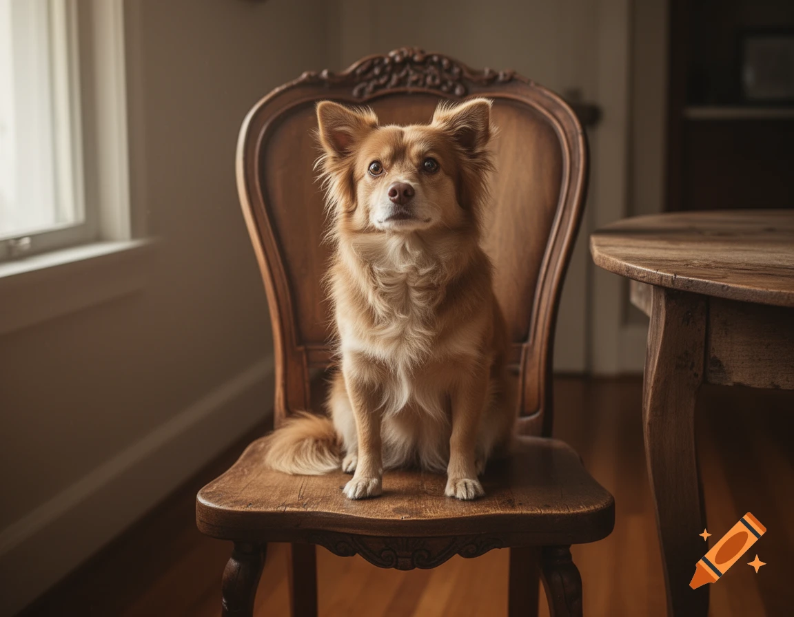 Light brown fluffy dog sits upright on a carved wooden chair in a softly lit room, photorealistic.