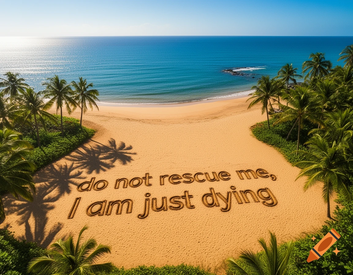 Aerial view of a sunny tropical beach with palm trees, blue ocean, and the message "do not rescue me, I am just dying" written in the sand.