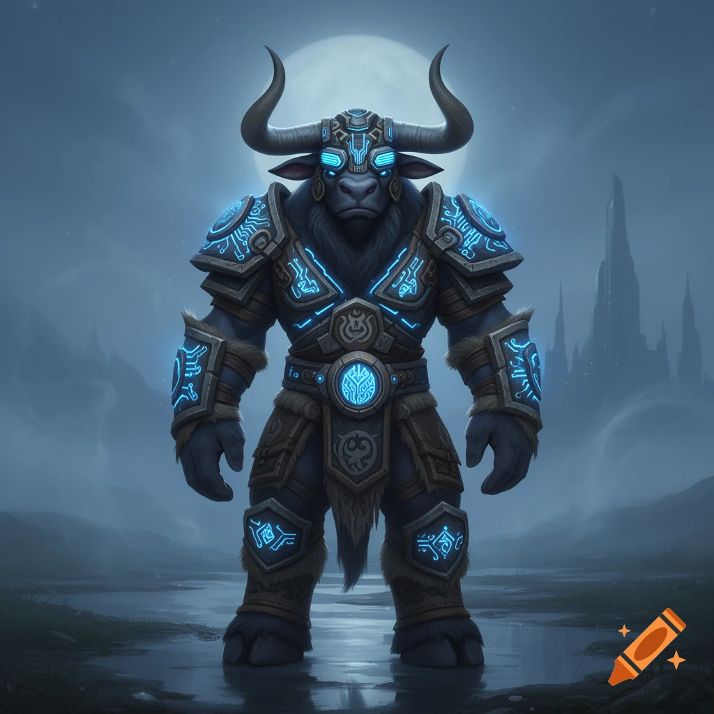 A large, dark-furred minotaur-like creature in ornate, glowing blue futuristic armor stands in shallow water under a full moon.