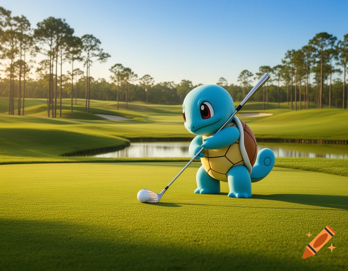 A photorealistic Squirtle plays golf on a lush green course with pine trees under a clear blue sky.