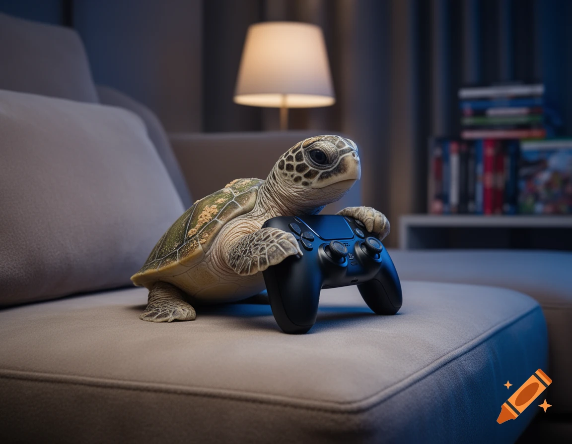 A baby sea turtle sits on a couch, holding a black PlayStation 5 controller, appearing to play a game in a dimly lit living room.
