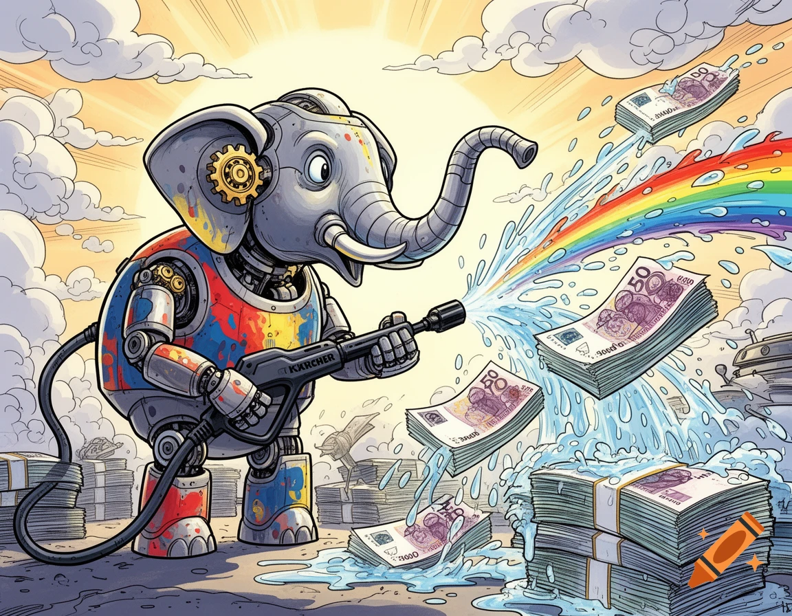 A cartoon robot elephant uses a pressure washer to clean stacks of money, creating a rainbow in the spray under a sunny sky.
