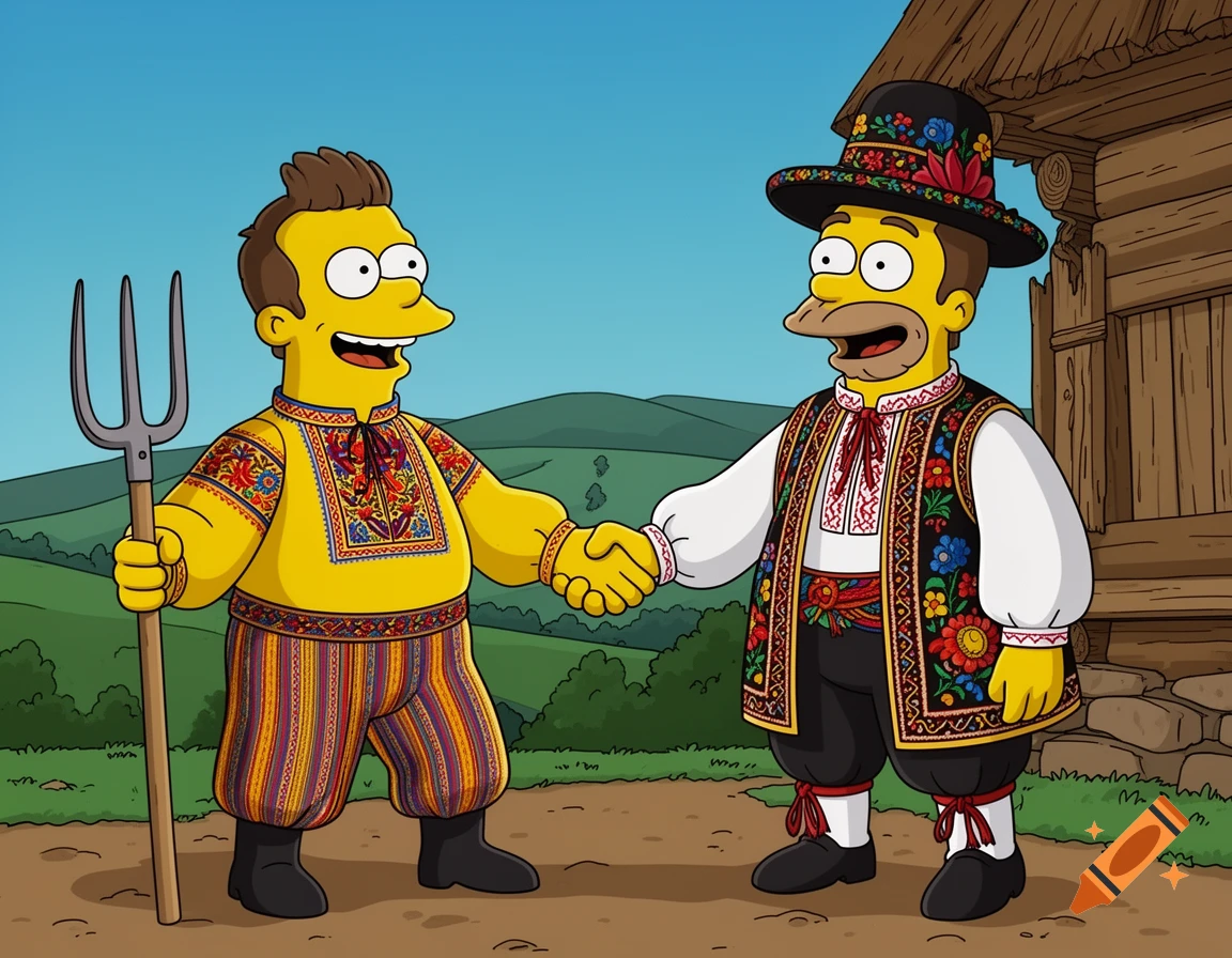 Two yellow-skinned men in embroidered folk costumes, in the style of The Simpsons, shake hands. One holds a pitchfork, the other wears a decorative hat.