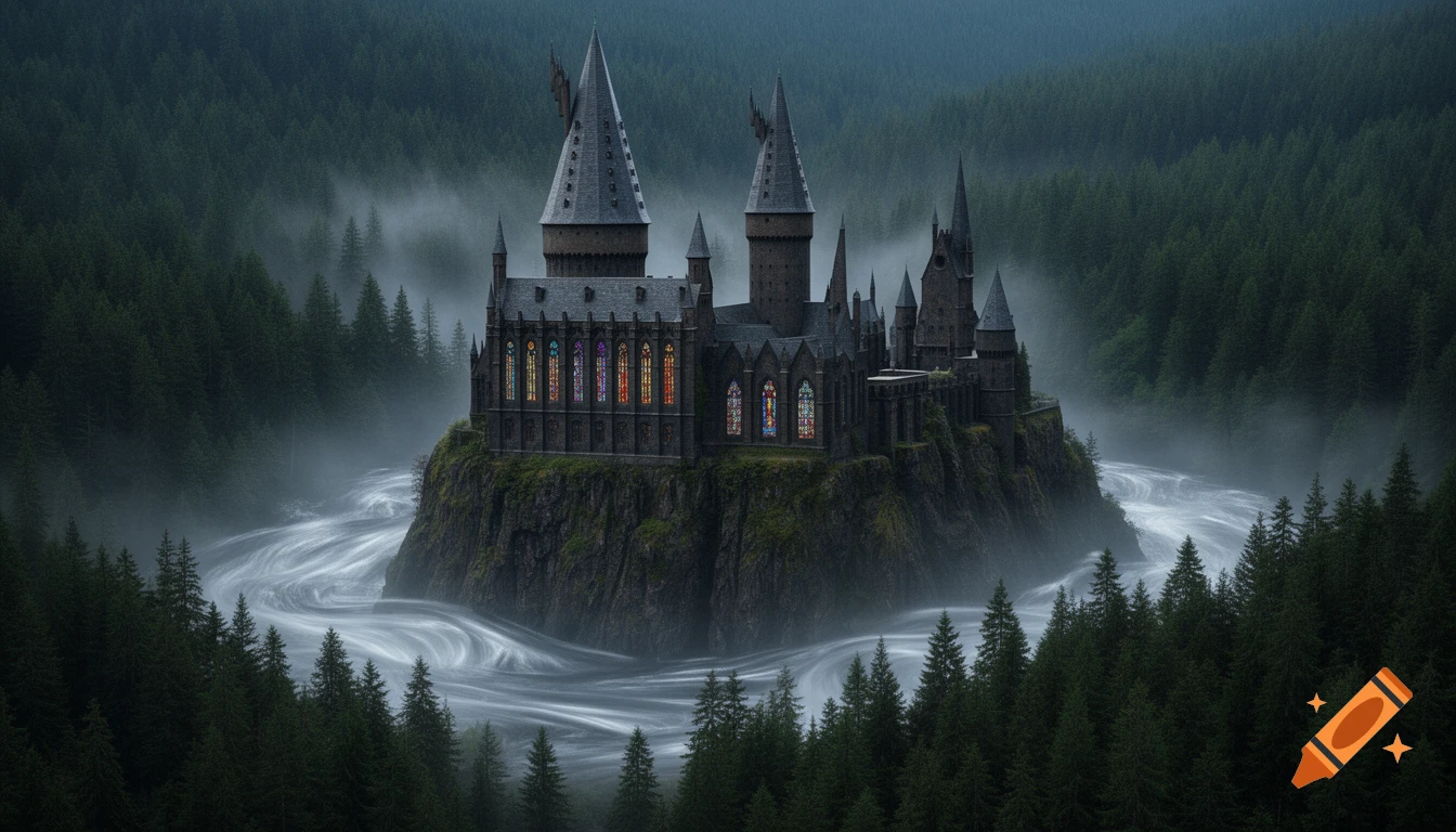 A majestic, dark gothic castle on a cliff, surrounded by a dense pine forest and mystical silver mist, photorealistic.