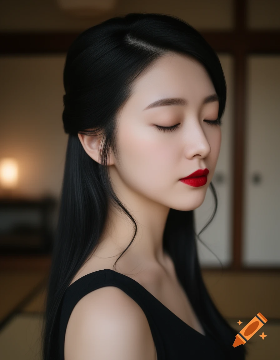 Photorealistic portrait of a young Japanese woman with closed eyes, red lips, and black hair, indoors.